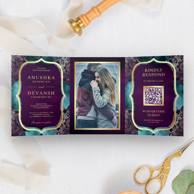 Teal Galaxy Purple Mandala QR Code Indian Wedding Tri-Fold Invitation (Creator Uploaded)