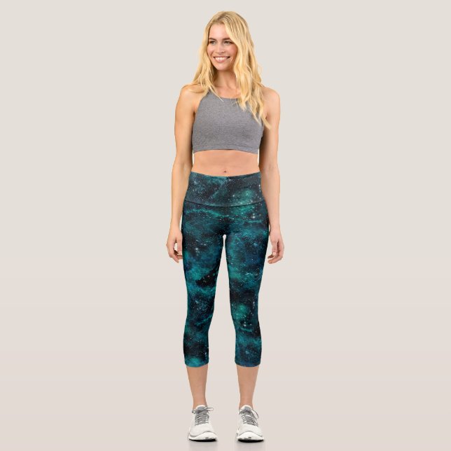 Teal Galaxy Series Design 4   Capri Leggings (Front)