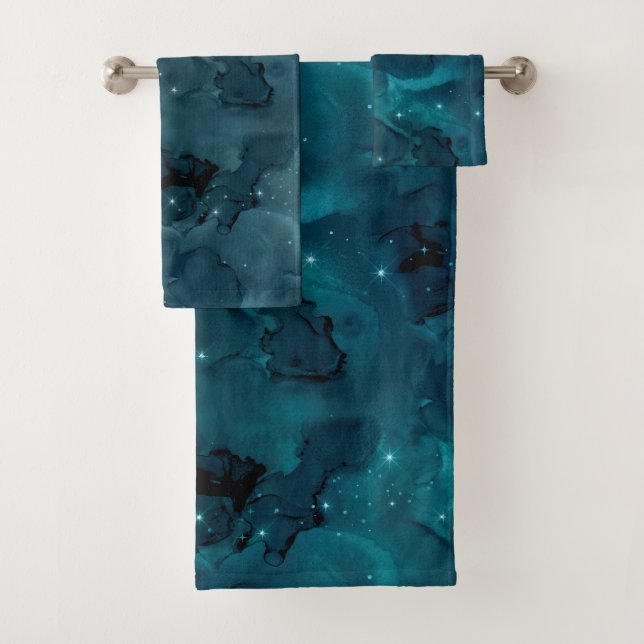 Teal Galaxy Series Design 5 Bath Towel Set (Insitu)