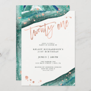 Teal Geode and Faux Rose Gold Look   21st Birthday Invitation