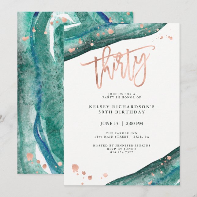 Teal Geode and Faux Rose Gold Look | 30th Birthday Invitation (Front/Back)