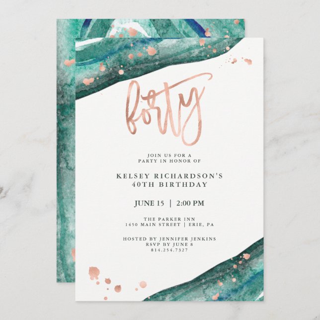 Teal Geode and Faux Rose Gold Look | 40th Birthday Invitation (Front/Back)