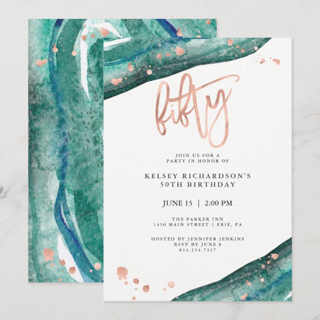 Teal Geode and Faux Rose Gold Look | 50th Birthday Invitation (Front/Back)