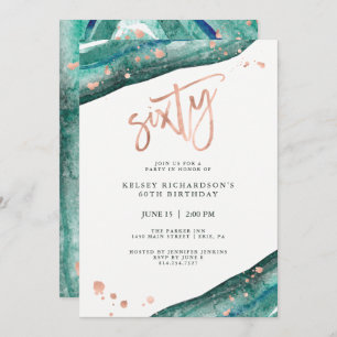 Teal Geode and Faux Rose Gold Look 60th Birthday Invitation
