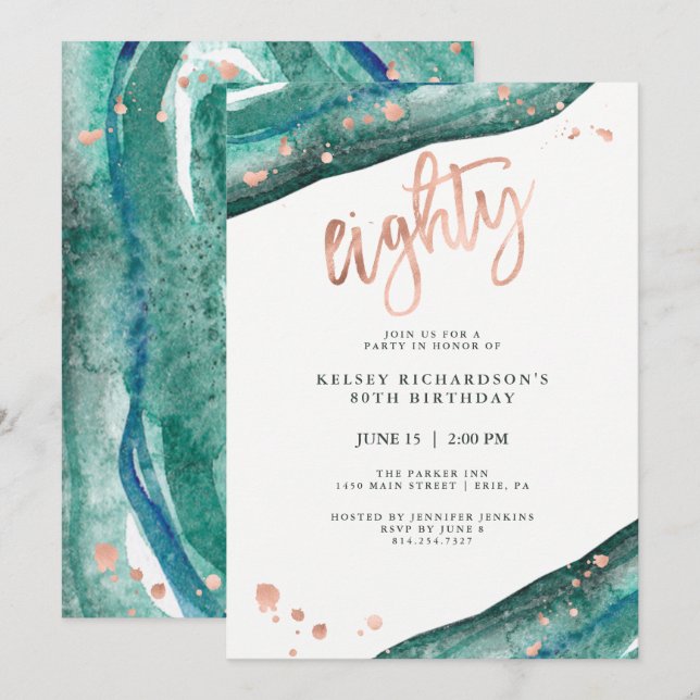 Teal Geode and Faux Rose Gold Look | 80th Birthday Invitation (Front/Back)