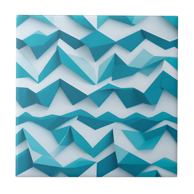 Teal Geometric Chevron 3D Pattern Ceramic Tile (Front)