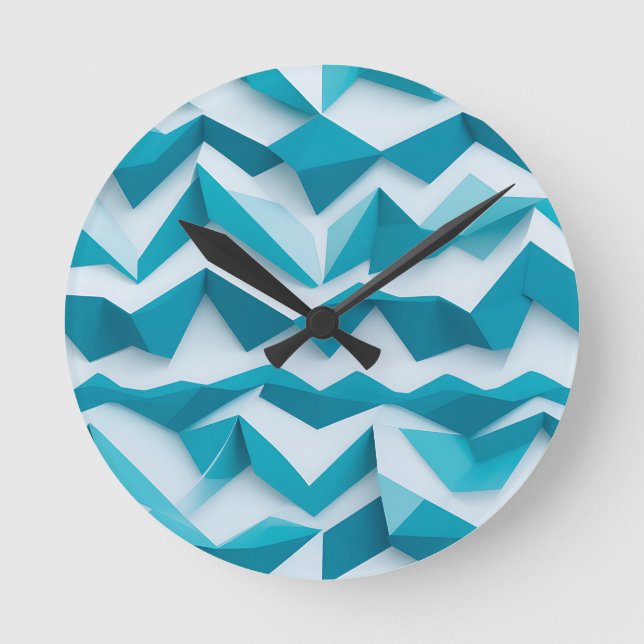 Teal Geometric Chevron 3D Pattern Round Clock (Front)