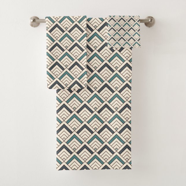 Teal Geometric Pattern Bath Towel Set (Insitu)