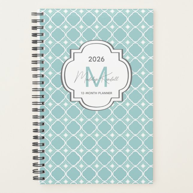 Teal Geometric Pattern Custom Monogram Name Planner (Front)