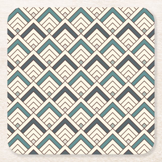 Teal Geometric Pattern Square Paper Coaster (Front)