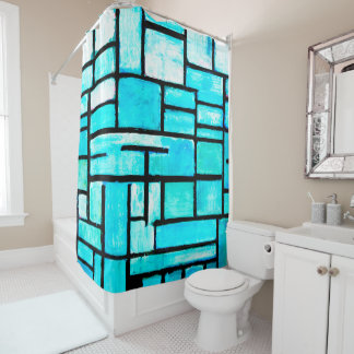 Teal Geometric Square Painting  Shower Curtain