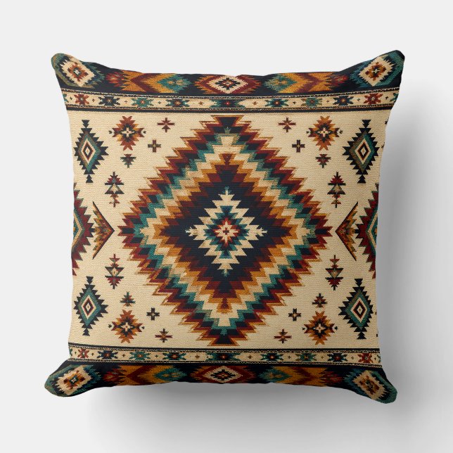 Teal Geometric Textile Pattern – Bold Boho Diamond Cushion (Front)