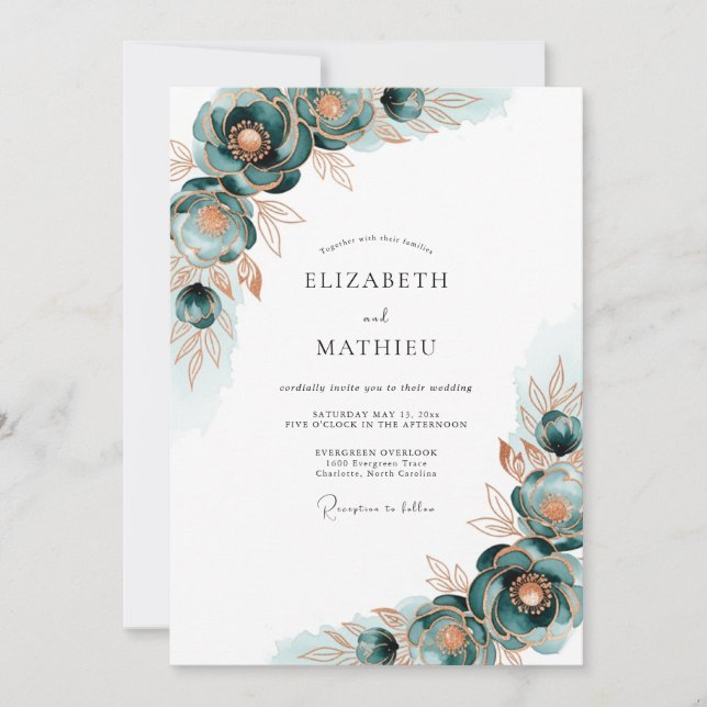 Teal Gilded Bloom Wedding Invitation (Front)