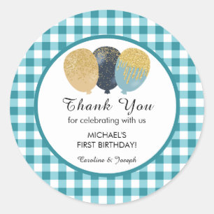Teal Gingham 1st Birthday Glitter Balloons Favour Classic Round Sticker