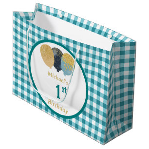 Teal Gingham Balloons Custom Multi Photo Birthday Large Gift Bag