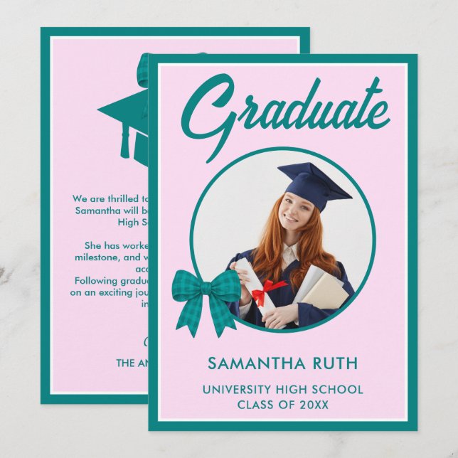 Teal Gingham Bow Photo Graduation Announcement (Front/Back)