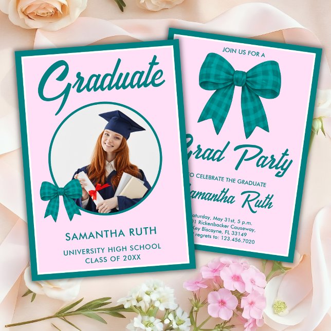 Teal Gingham Bow Photo Graduation Party Invitation (Creator Uploaded)