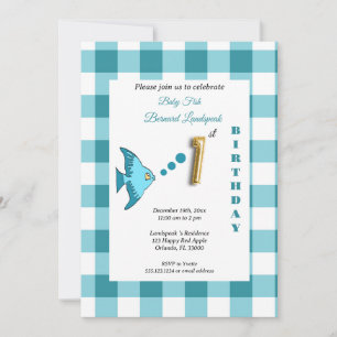 Teal Gingham Gold Foil Balloon Fish 1st Birthday  Invitation