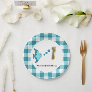 Teal Gingham Gold Foil Balloon Fish 1st Birthday  Paper Plate