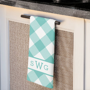 Teal Gingham Monogram Tea Towel