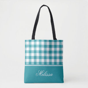 Teal Gingham Personalised Tote Bag