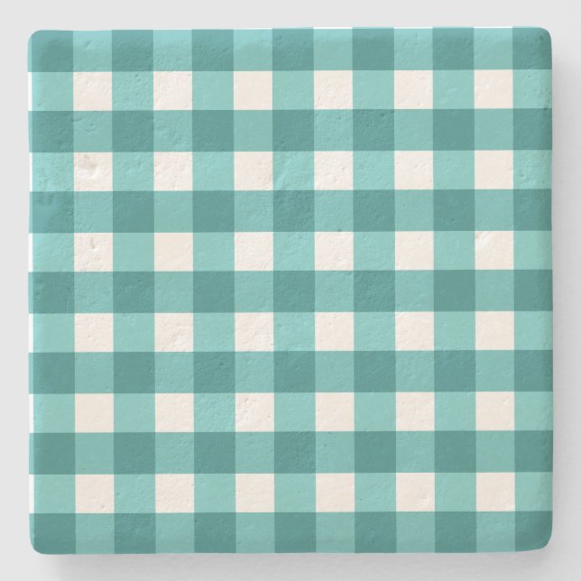 Teal gingham stone coaster (Front)