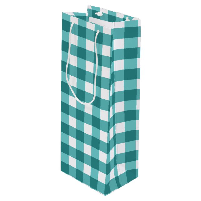Teal gingham wine gift bag (Front Angled)