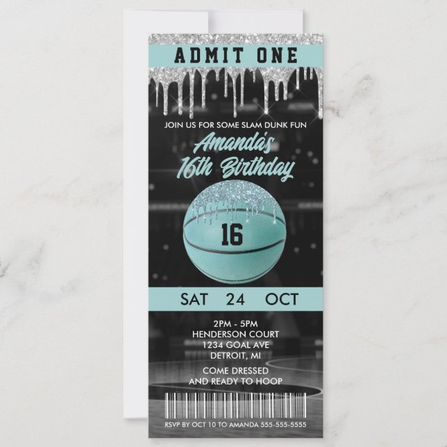 Teal Girls Basketball Birthday Ticket Invitation (Front)