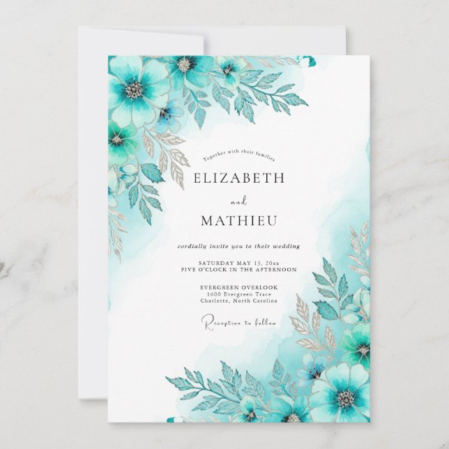 Teal Glacial Botanical Winter Wedding Invitation (Front)