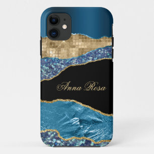 *~* Teal Glam Agate Geode Gold Glitter Black iPhone 11 Case