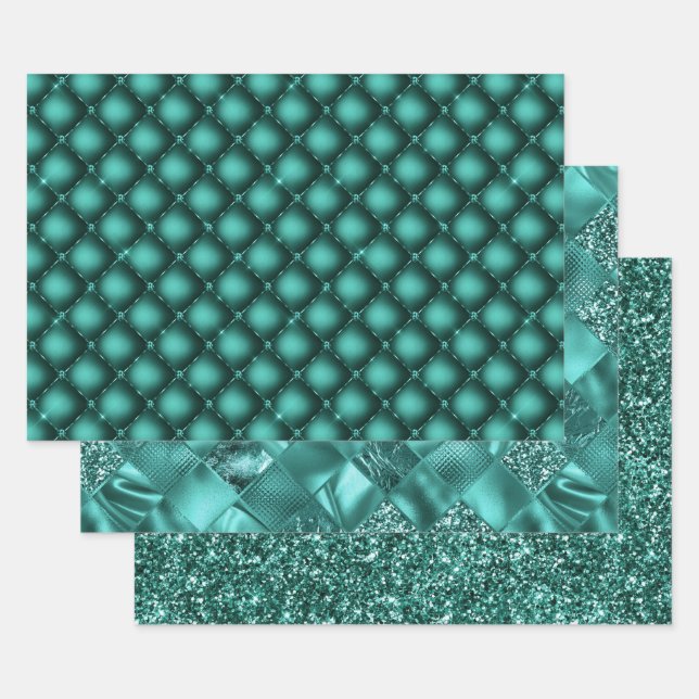 Teal Glam Glitter Sparkle Patterns Wrapping Paper Sheet (Set)