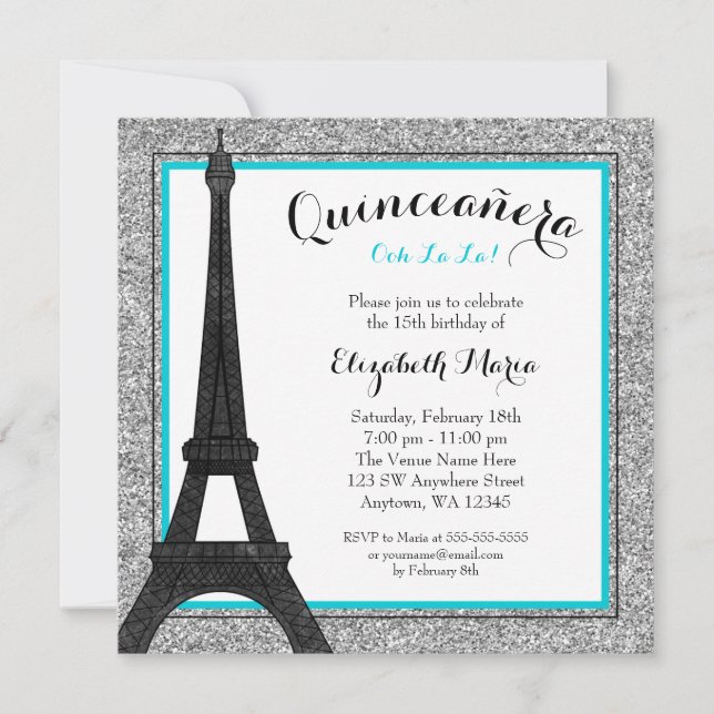 Teal Glam Paris Faux Silver Glitter Quinceanera Invitation (Front)