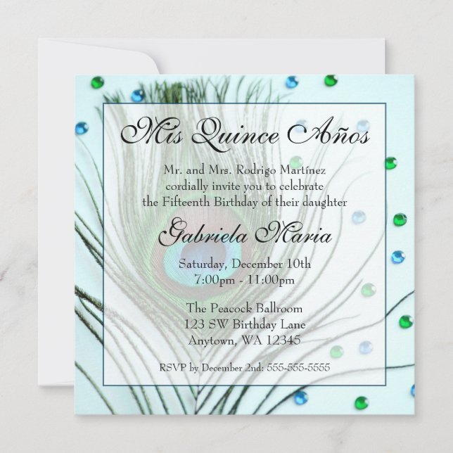 Teal Glam Peacock Feather Quinceanera Birthday Invitation (Front)