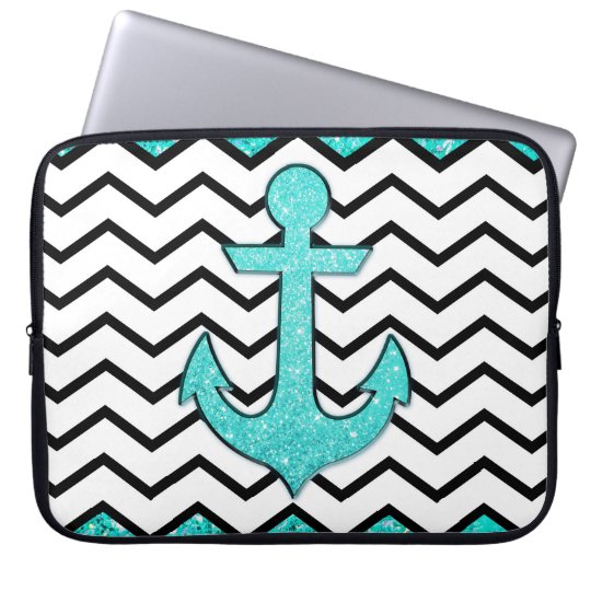 Teal glitter anchor and chevron laptop sleeve