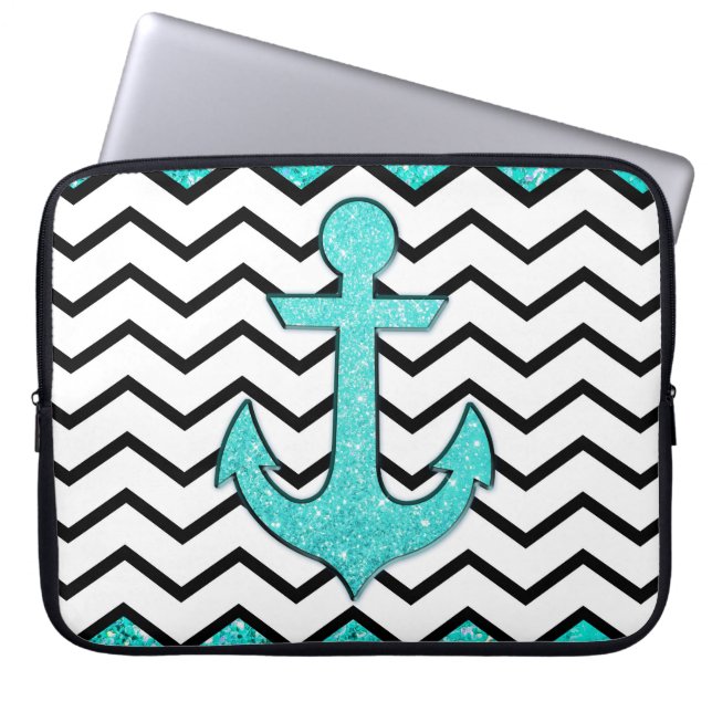 Teal glitter anchor and chevron laptop sleeve (Front)
