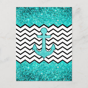 Teal glitter anchor and chevron postcard