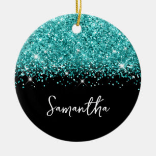 Teal Glitter and Black Glam Name Photo Ceramic Ornament