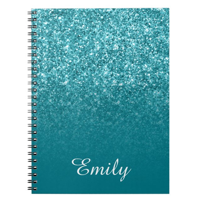 Teal Glitter and Ombre Personalised Notebook (Front)