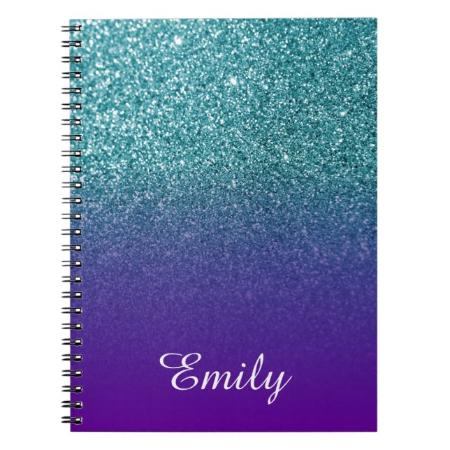 Teal Glitter and Purple Ombre Personalised Notebook (Front)