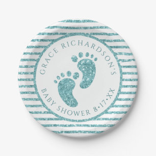 Teal Glitter Baby Feet Paper Plates   Personalised