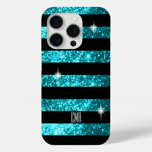 Teal Glitter & Black Stripes   DIY Monogram iPhone 15 Pro Case
