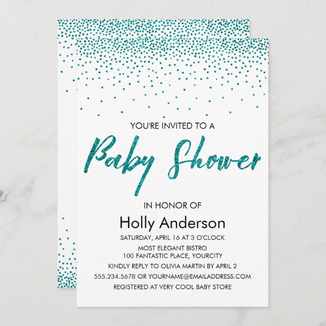 Teal Glitter Confetti & Typography Baby Shower Invitation (Front/Back)