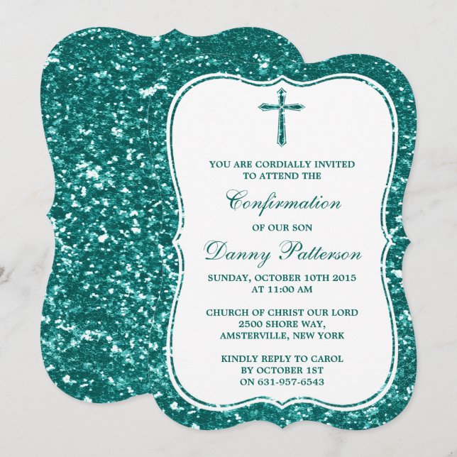 Teal Glitter Cross Holy Communion Or Confirmation Invitation (Front/Back)