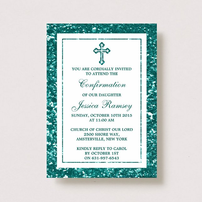 Teal Glitter Cross Holy Communion Or Confirmation Invitation (Creator Uploaded)