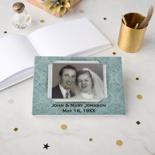 Teal Glitter Damask with Photo Frame Guest Book