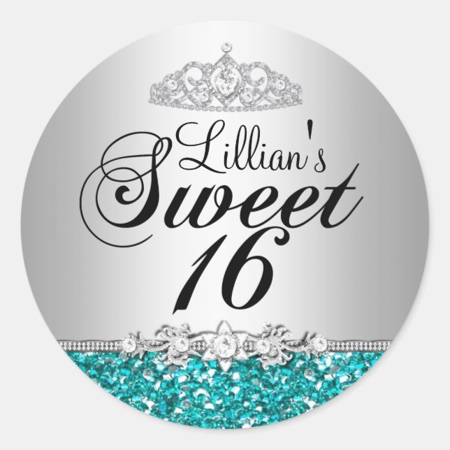 Teal Glitter & Diamond Tiara Sweet 16 Sticker (Front)