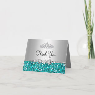 Teal Glitter & Diamond Tiara Thank You Card