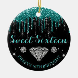 Teal Glitter Drip Sweet Sixteen Ceramic Ornament