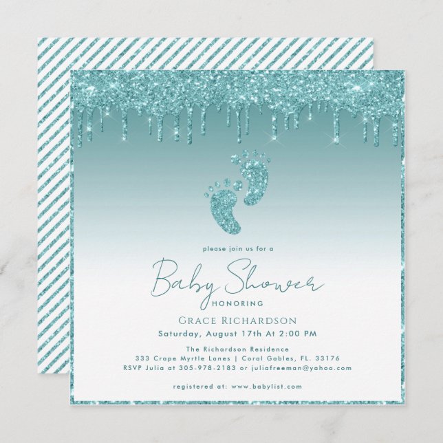 Teal Glitter Drips Baby Shower Invitation  (Front/Back)