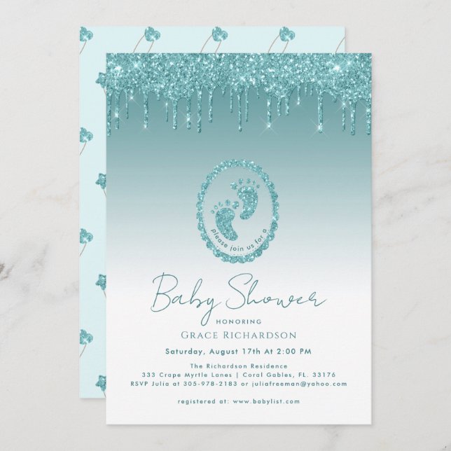 Teal Glitter Drips Baby Shower Invitation (Front/Back)